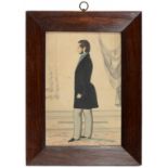 ENGLISH NAIVE ARTIST, 19TH C PORTRAIT OF A GENTLEMAN full length in an interior, ink and watercolour