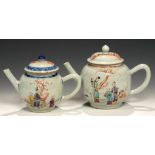 TWO CHINESE EXPORT PORCELAIN FAMILLE ROSE TEAPOTS AND COVERS, C1770 enamelled with groups of