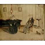 ENGLISH NAIVE ARTIST, EARLY 19TH C DOUBLE PORTRAIT OF A LADY AND GENTLEMAN full length in a