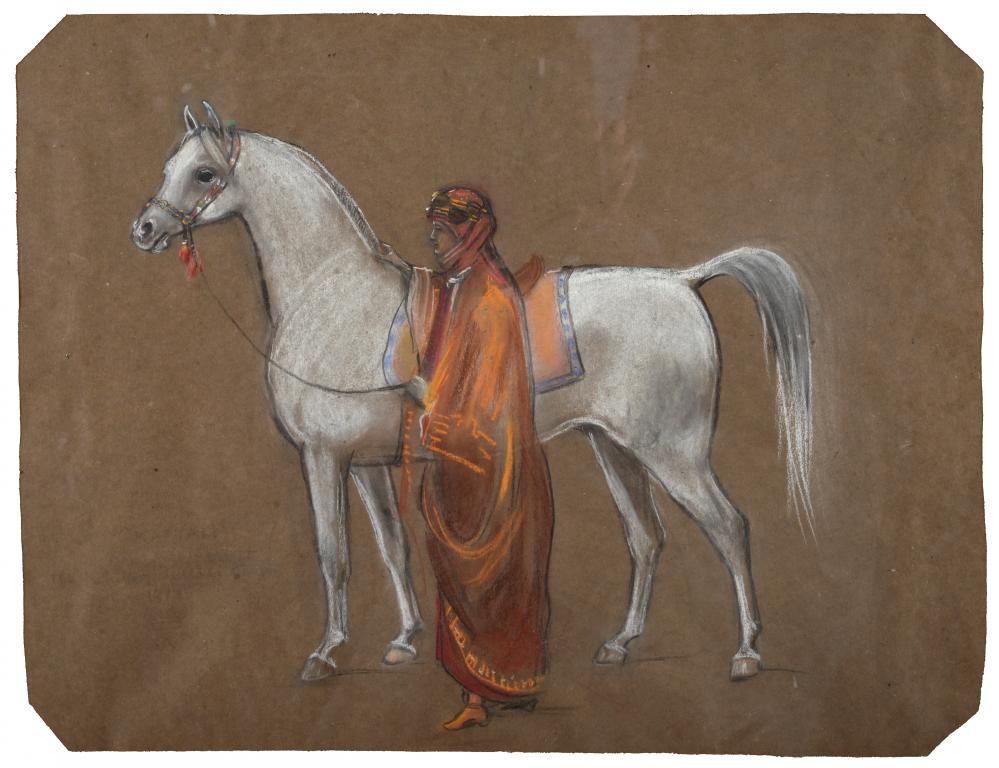 JUDITH BLUNT-LYTTON, BARONESS WENTWORTH (1873-1957) AN ARAB HOLDING THE REINS OF A WHITE HORSE