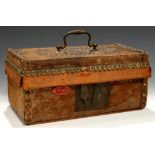AN ENGLISH BRASS NAILED LEATHER TRIMMED AND GOATSKIN COVERED CASKET, EARLY 19TH C in the original