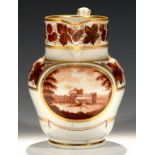 A FLIGHT & BARR PRESENTATION JUG, C1800 painted in warm brown monochrome with an oval panel of