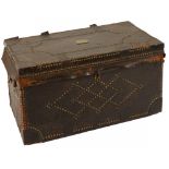 A BRITISH BRASS NAILED BLACK LEATHER COVERED TRAVELLING TRUNK, LATE 18TH C the lid applied with