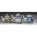 TWO BLUE OR BLACK PRINTED PEARLWARE TEAPOTS AND COVERS, C1800 the first with ochre enamel rims,