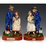 A PAIR OF STAFFORDSHIRE PEARLWARE FIGURES OF THE SAILOR'S DEPARTURE AND RETURN, C1820 with overglaze