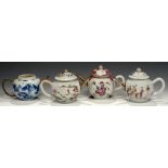 FOUR CHINESE EXPORT PORCELAIN FAMILLE ROSE AND BLUE AND WHITE TEAPOTS AND THREE COVERS, C1760-80