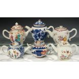 SIX CHINESE EXPORT PORCELAIN FAMILLE ROSE, BLUE AND WHITE AND CHINESE IMARI TEAPOTS AND COVERS,