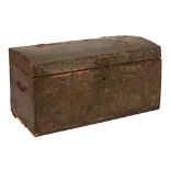 A NORTHERN EUROPEAN EMBOSSED BRASS AND NAILED LEATHER COVERED TRAVELLING TRUNK, EARLY 19TH C with