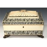 AN ANGLO INDIAN IVORY, HORN AND SANDALWOOD WORKBOX, VIZAGAPATAM, C1820 finely decorated in lac