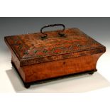 A CHARLES X CUT STEEL MOUNTED MAPLE AND BURR MAPLE WORKBOX, C1820 of sarcophagus shape on brass ball