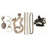 A QUANTITY OF SILVER AND MISCELLANEOUS JEWELLERY INCLUDING A CURB LINK BRACELET WITH 3 CHARMS MARKED