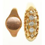 A FIVE STONE OLD CUT DIAMOND RING IN 18CT GOLD, CHESTER 1915, SIZE I, AND A 9CT GOLD CHILDS SIGNET