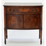 A VICTORIAN INLAID MAHOGANY BOW FRONTED CUPBOARD ON SQUARE TAPERING LEGS, 77CM H; 76 X 51CM