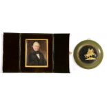 19TH C SCHOOL PORTRAIT MINIATURE OF A GENTLEMAN, OIL ON BOARD, 12.5 X 10CM, IN FITTED GREEN