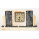 A FRENCH OR BELGIAN ART DECO MARBLE AND ALABASTER MANTEL TIMEPIECE, 22CM H, C1930