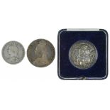 SILVER COINS. CROWN 1891 AND FLORIN 1898 AND SILVER MEDAL OF THE MIDLAND COUNTIES GENERAL TRADES