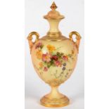 A ROYAL WORCESTER VASE AND COVER, PRINTED AND PAINTED WITH NATURALISTIC FLOWERS ON A SHADED