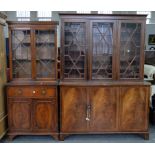 A WALNUT GLAZED DISPLAY CABINET, 185CM H; 136 X 42CM AND ANOTHER, SMALLER