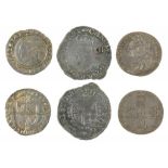 ENGLISH SILVER COINS. ELIZABETH I SIXPENCE 1575, CHARLES I SHILLING 1636-8 AND GEORGE II SHILLING
