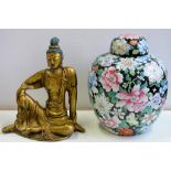 A CHINESE BLACK GROUND FAMILLE ROSE JAR AND COVER, 29CM H, RED STAMPED QIANLONG MARK, 20TH C,