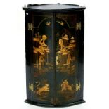 A GEORGE III JAPANNED BOW FRONTED CORNER CUPBOARD, REDECORATED, 91 X 58CM