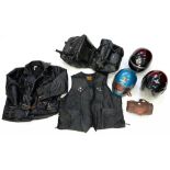 A LEATHER MOTORBIKE JACKET, A J.T.S. LEATHER MOTORBIKE WAISTCOAT, "LESTER LUGGAGE" MOTORBIKE