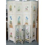 A PAINTED FOUR FOLD SCREEN DECORATED WITH FLOWERS, 180CM H AND ANOTHER, 80CM H