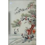 A SET OF THREE CHINESE EMBROIDERED SILK PICTURES OF BIRDS, 97 X 44CM AND SMALLER
