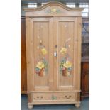 A WAXED PINE WARDROBE, THE BASE FITTED WITH A DRAWER, LATER DECORATED WITH INSECTS AND FLOWERS,