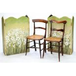 TWO SIMILAR VICTORIAN MAHOGANY BEDROOM CHAIRS AND A PAIR OF PAINTED THREE FOLD SCREENS, 90CM H