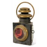 A BRASS MOUNTED TINPLATE LANTERN, FIXED RING HANDLE, 27CM H, EARLY 20TH C