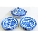 A SET OF TWELVE SPODE BLUE PRINTED EARTHENWARE FOREST LANDSCAPE PATTERN PLATES OF EARLY INDENTED