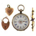 A SILVER CYLINDER WATCH IN SILVER MARKED 0,935, AN AMETHYST AND SEED PEARL BAR BROOCH IN GOLD,