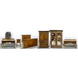 AN OAK, QUARTER SAWN OAK AND WALNUT BANDED SIX PIECE BEDROOM SUITE, THE LOCKS STAMPED GILLOWS