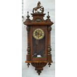 A MAHOGANY EIGHT DAY DROP DIAL WALL CLOCK, ROMAN NUMERALS AND CARVED EQUINE FINIAL, 90 X 35CM