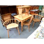 PINE FURNITURE, COMPRISING KITCHEN TABLE, 77CM H; 92 X 68CM, THREE CHAIRS AND A STOOL