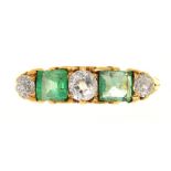 AN EMERALD AND DIAMOND RING IN 18CT GOLD, LONDON 1916, THE CALIBRE EMERALDS APPROX .5CT, OLD CUT