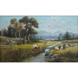 CONTINENTAL SCHOOL, 20TH C, CATTLE BY THE STREAM, A PAIR, OIL ON CANVAS, SIGNED, 62 X 103CM