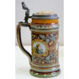 A METTLACH PEWTER MOUNTED STEIN, 23CM H, IMPRESSED MARKS AND 1999, LATE 19TH C, FAULTS