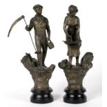 A PAIR OF FRENCH FIN DE SIECLE SPELTER STATUETTES OF HARVESTERS ON EBONISED PLINTH, 46CM H, C1900