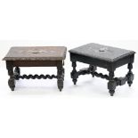 TWO SIMILAR CARVED OAK FOOTSTOOLS, LATE 19TH C, 20CM H; 20 X 30CM
