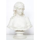 A VICTORIAN PARIAN WARE BUST OF CLYTIE, ON SOCLE, 27CM H, UNMARKED, C1860