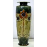 A DOULTON WARE VASE, SLIP TRAILED WITH STYLISED FLOWERS IN ART NOUVEAU STYLE AND BEADING, 37CM H,