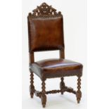 A CARVED OAK HALL CHAIR COVERED IN BROWN LEATHER, 97CM H