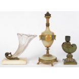 A VICTORIAN BRASS SHELL SHAPED STAND OR CANDLESTICK ON SQUARE FOOT, ADAPTED, 14CM H EXCLUDING