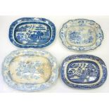 A MINTON BLUE PRINTED EARTHENWARE GENEVESE PATTERN DISH, 41CM L AND THREE VARIOUS OTHER BLUE AND