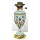 A VICTORIAN ENAMELLED CELADON COLOURED GLASS OIL LAMP AND BASE, OF SHIELD SHAPE WITH BRASS FOOT