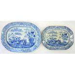 TWO MINTON BLUE PRINTED EARTHENWARE BAMBOO AND FLOWERS PATTERN DISHES, 42 AND 52CM L, PRINTED