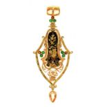 A CITRINE AND EMERALD PENDANT WITH ENAMELLED CARTOUCHE, IN GOLD, UNMARKED, 8.5G++SCRATCHES AND