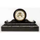 A FRENCH BELGE NOIR MANTEL CLOCK, THE DRUM CASED MOVEMENT WITH ENAMEL DIAL AND BROCOT ESCAPEMENT,